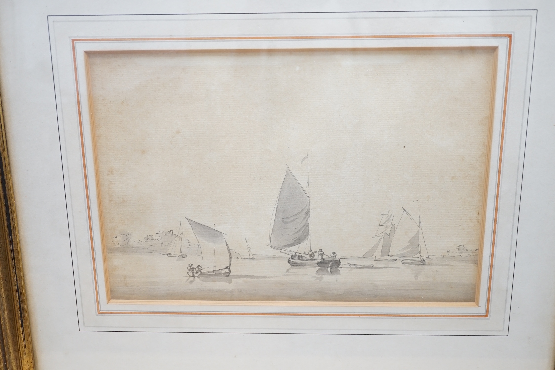William Anderson (1757-1837), monochrome watercolour, Sailing boats, 18 x 27cm. Condition - fair, discolouration